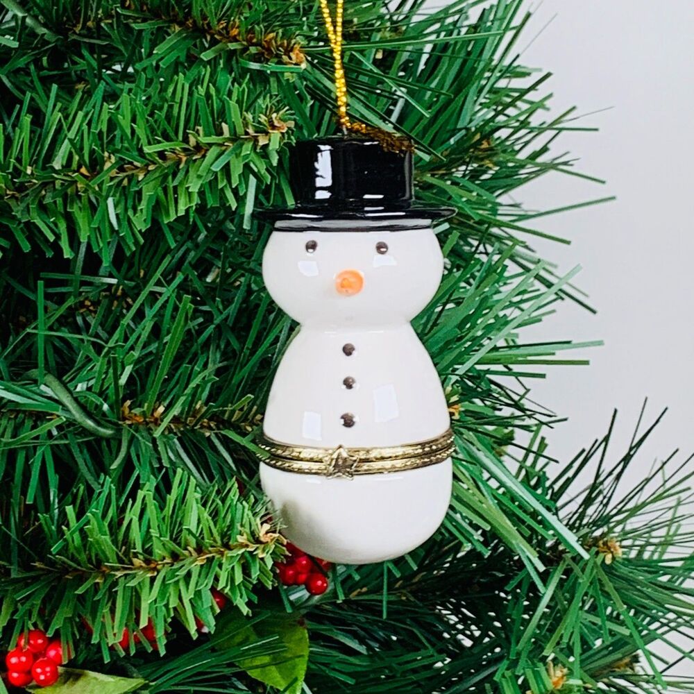 Tall Snowman Porcelain Hinged Surprise Gift Trinket Box Christmas Ornament